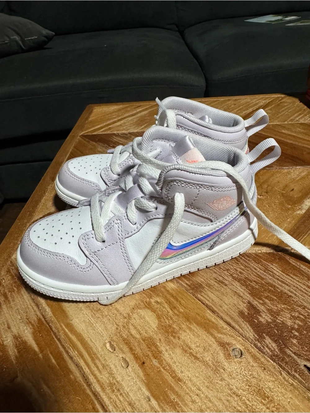 Nike Kids White & Light Purple Mid-Top Sneakers with Iridescent Swoosh